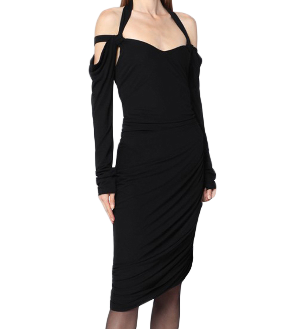 Off-Shoulder Black Midi Dress With Ruched Detailing