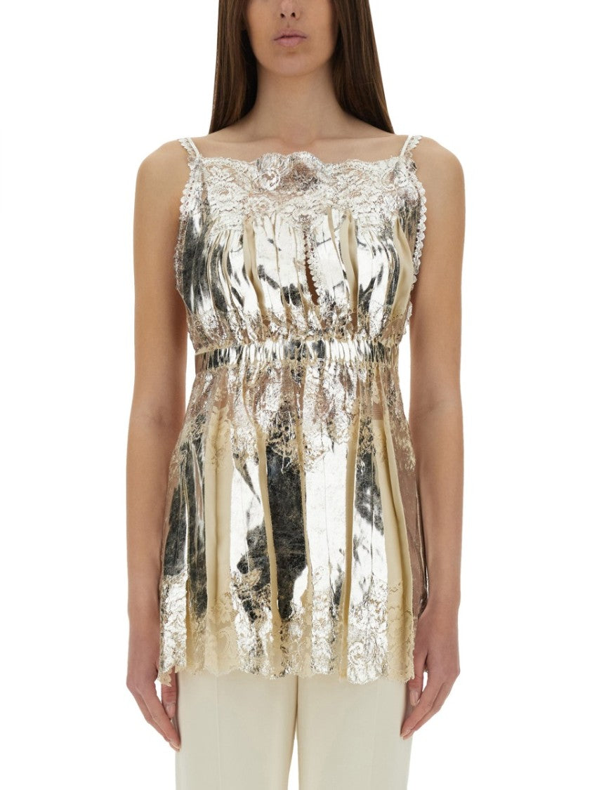 Laminated Pleated Satin Top With Lace Detail