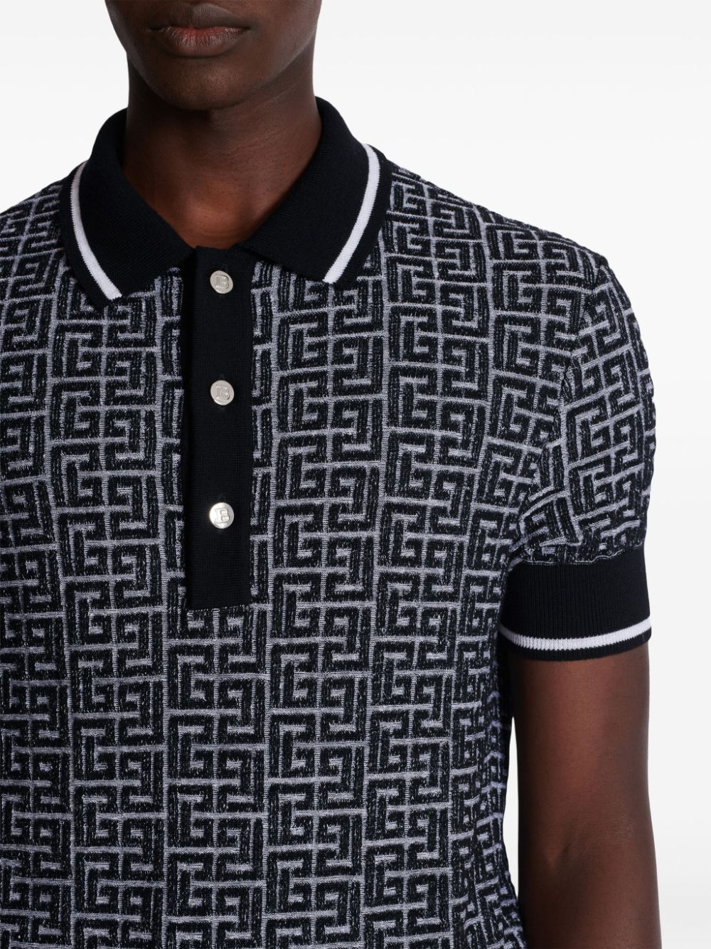 Patterned Jacquard Short-Sleeve Polo Shirt in Merino Wool Blend