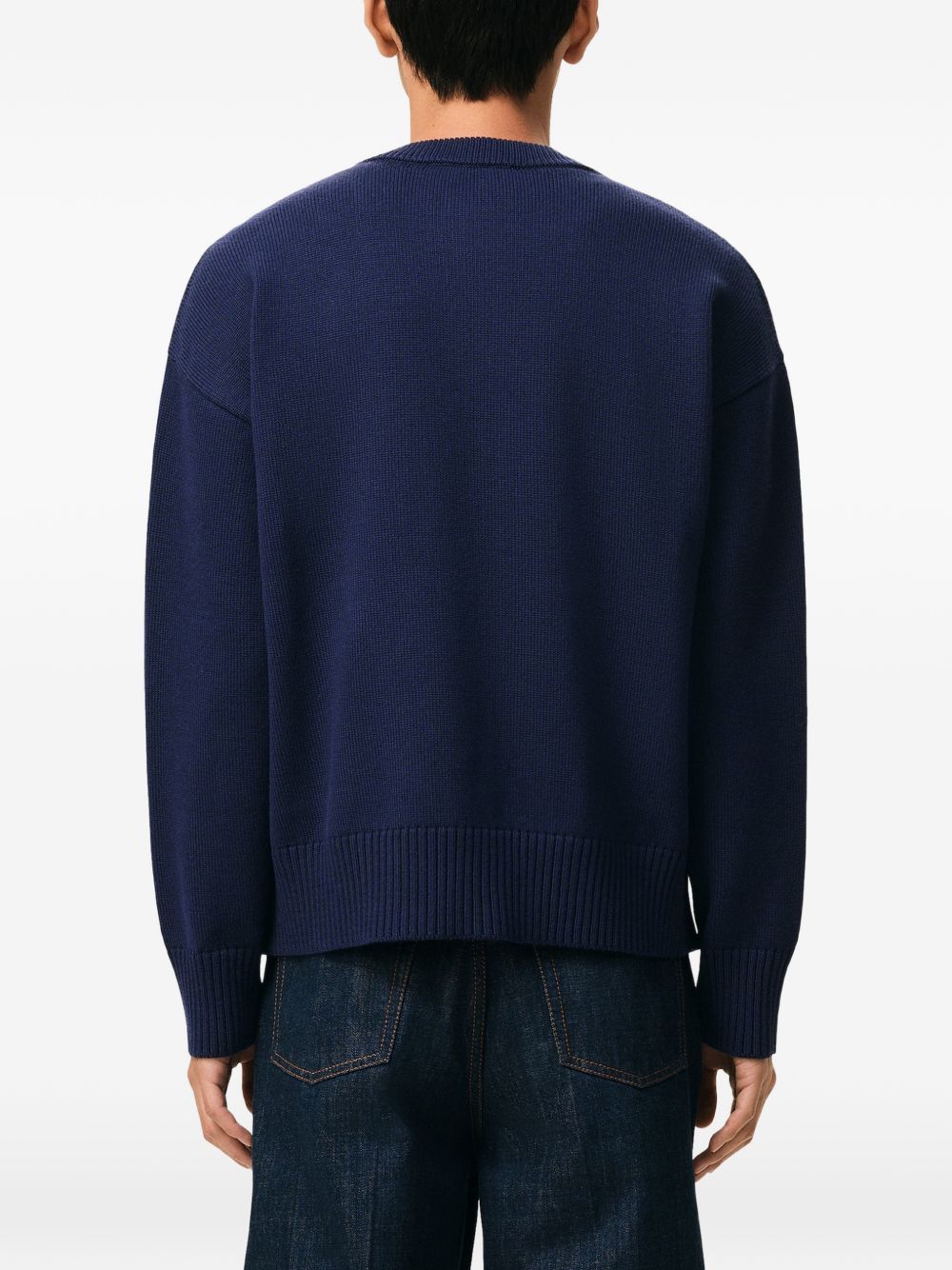 Navy Blue Ribbed Hem Crewneck Sweater