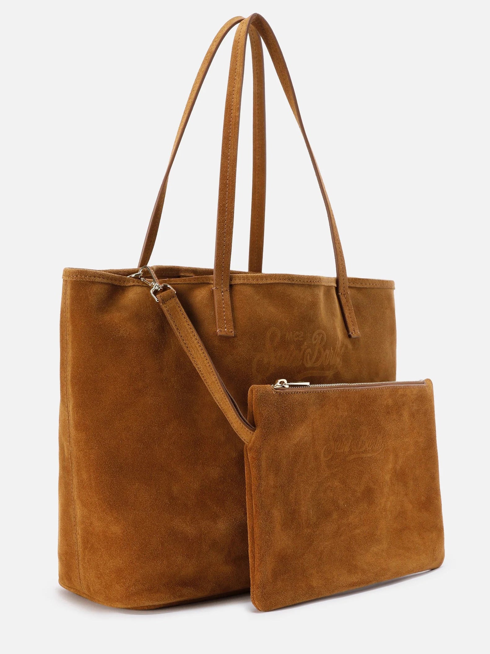 Spacious Brown Suede Tote Bag with Embossed Logo