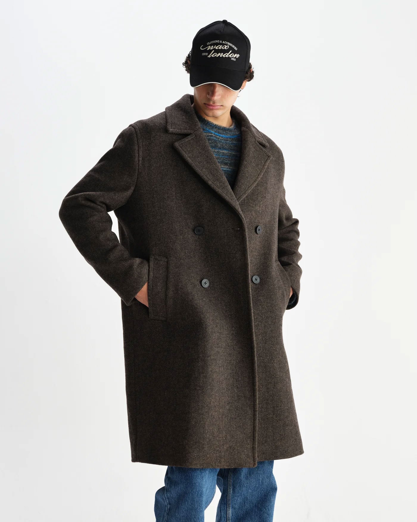 Herringbone Double-Breasted Overcoat with Structured Collar