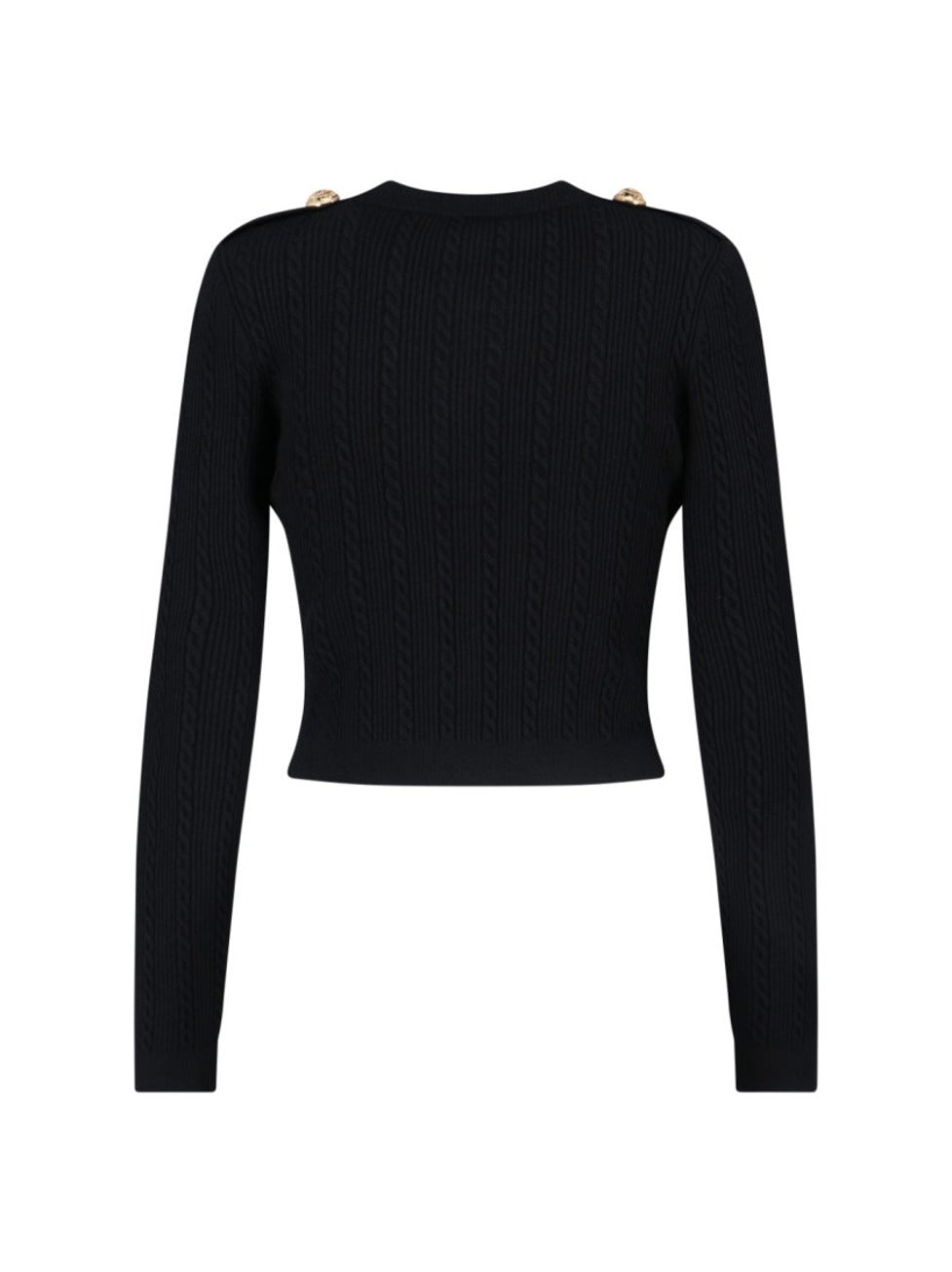Structured Shoulder Black V-Neck Cardigan With Decorative Buttons
