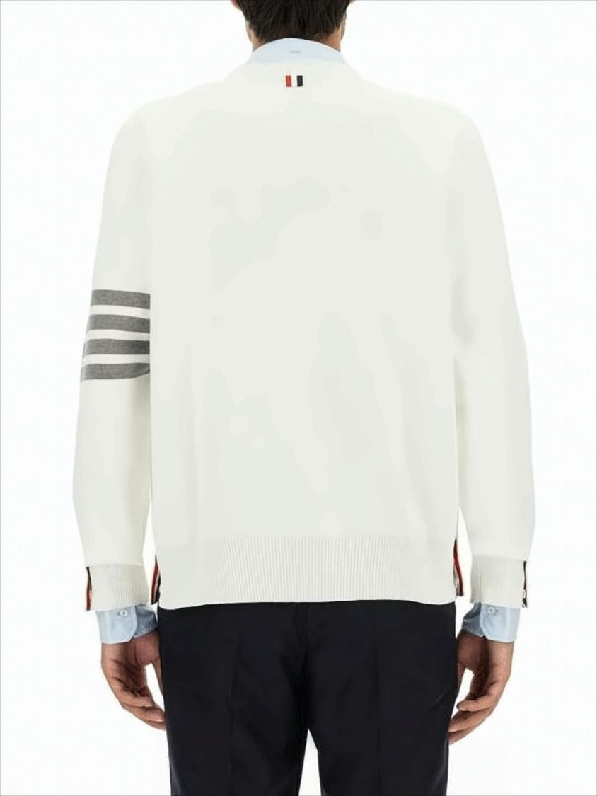 Minimalist White Cotton Cardigan with Ribbed Cuffs and Tricolor Detail