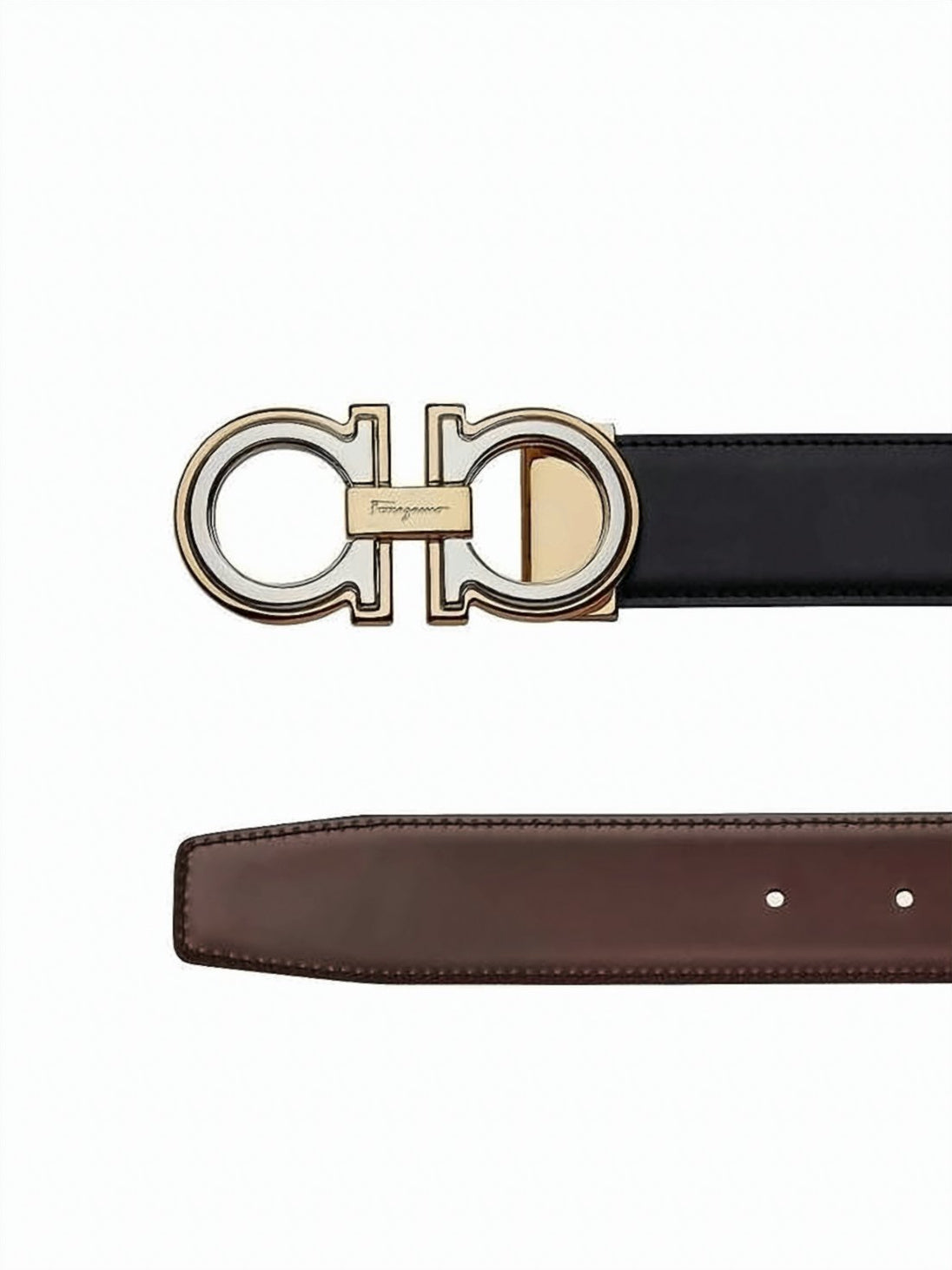 Calf Leather Belt with Gold-tone Double Gancini Buckle