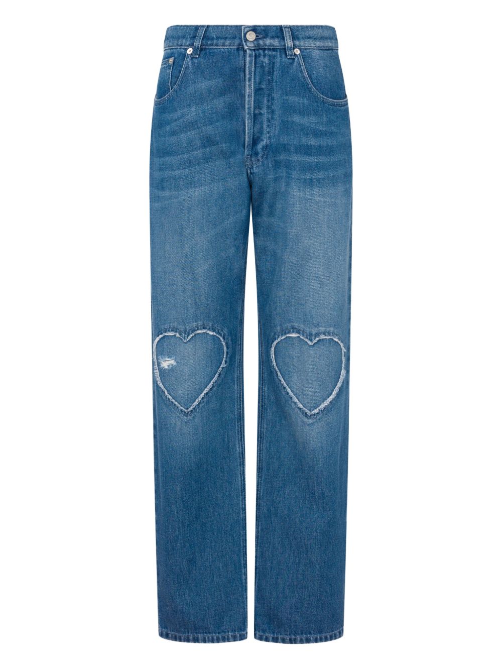 Straight-Leg Denim Trousers With Frayed Heart Patches