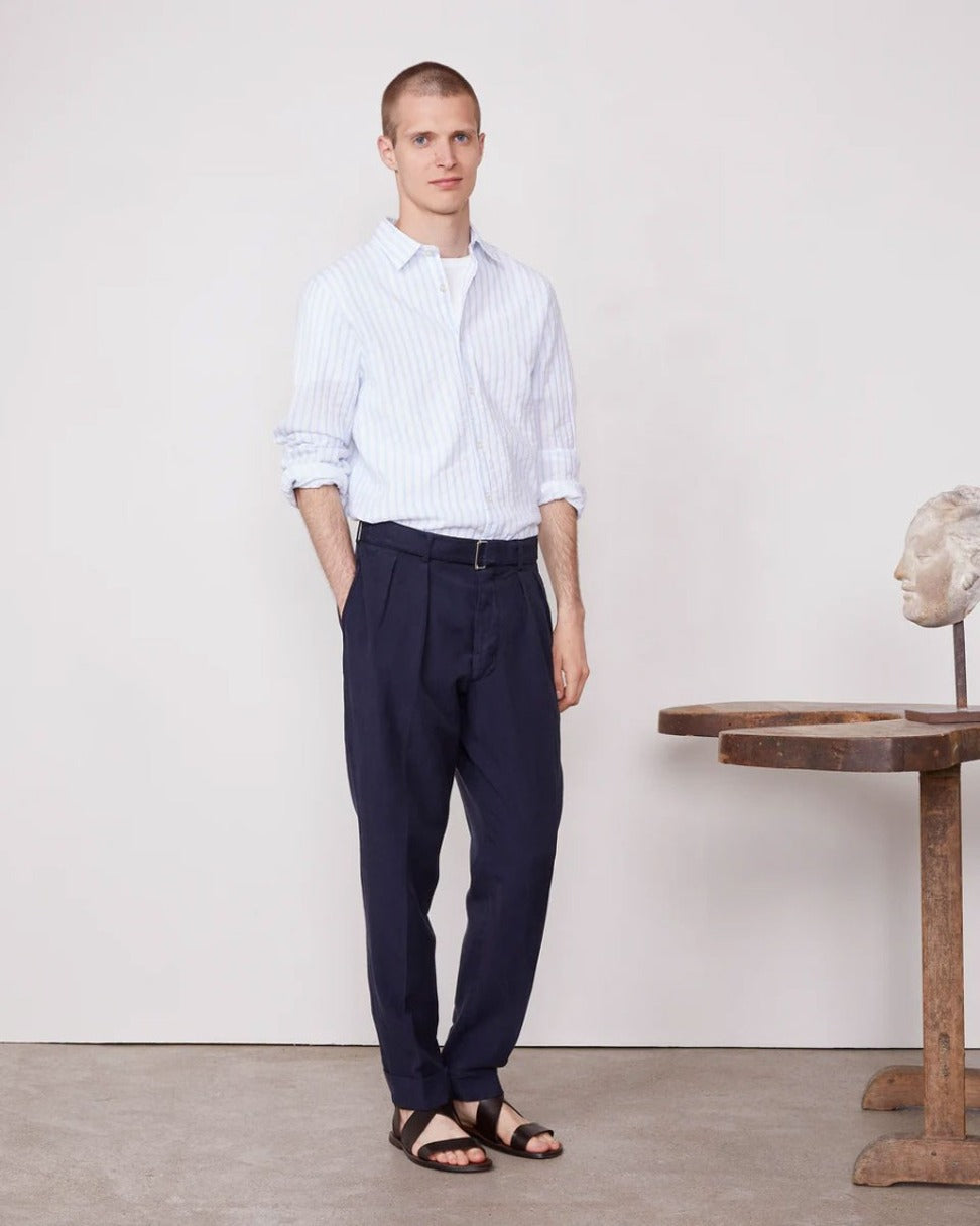 Tapered Blue Pants With Pleated Front
