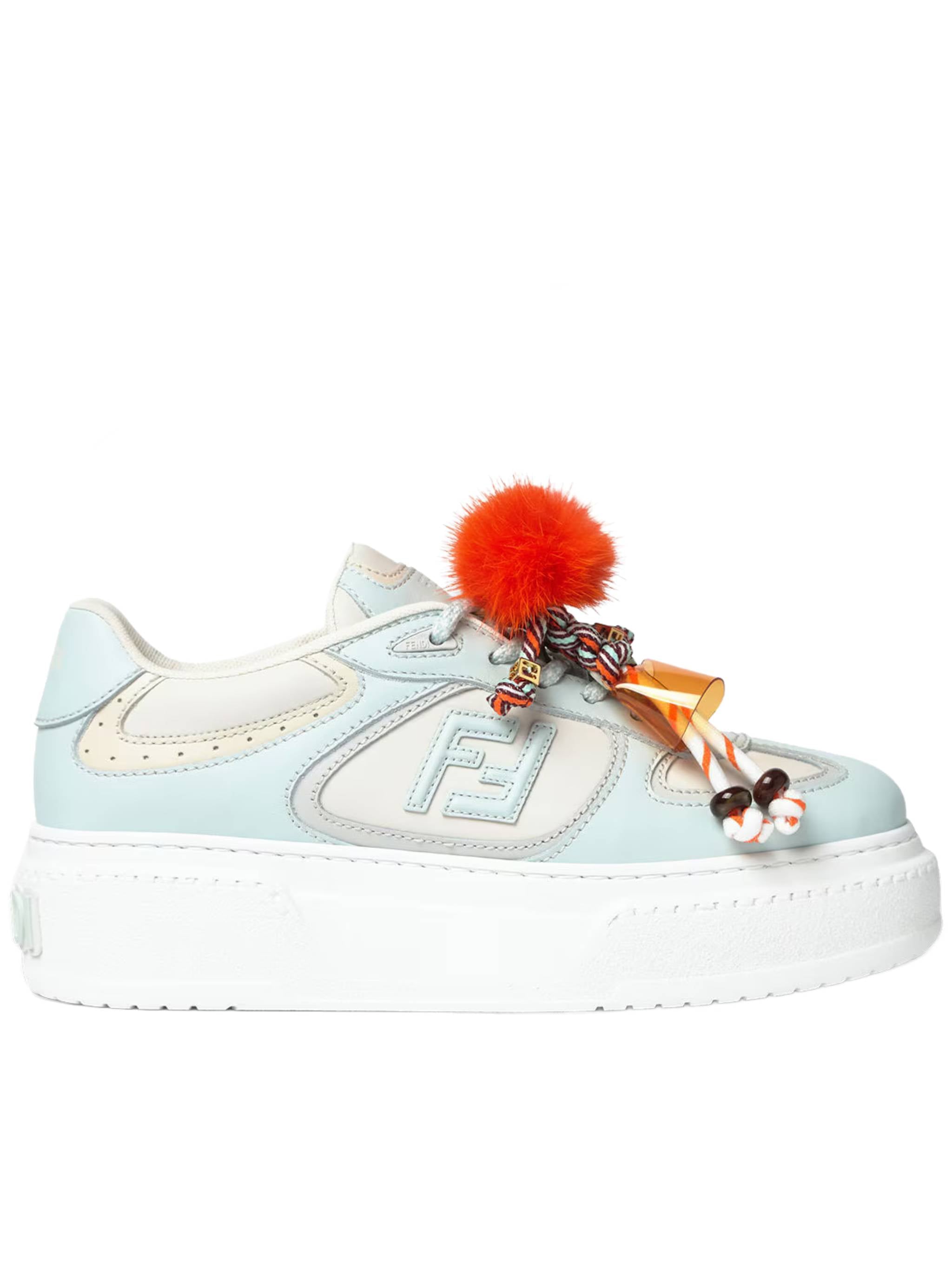 Pastel Blue and Cream Leather Sneakers with Detachable Accessories