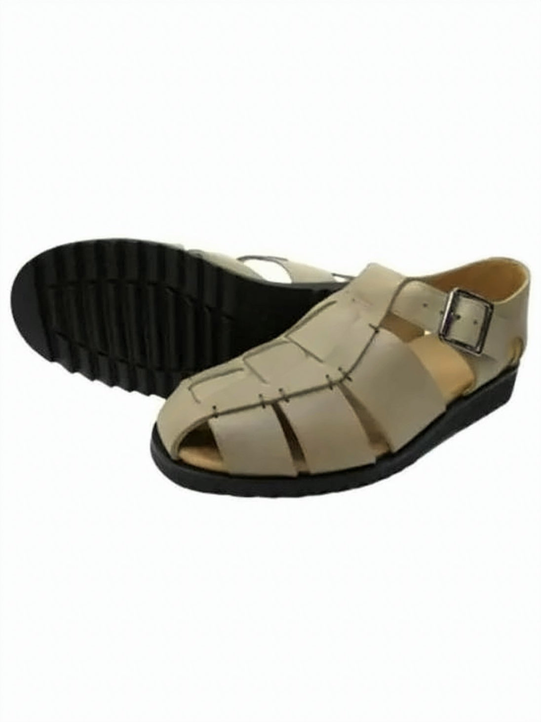 Woven Leather Strap Sandals with Adjustable Buckle Closure