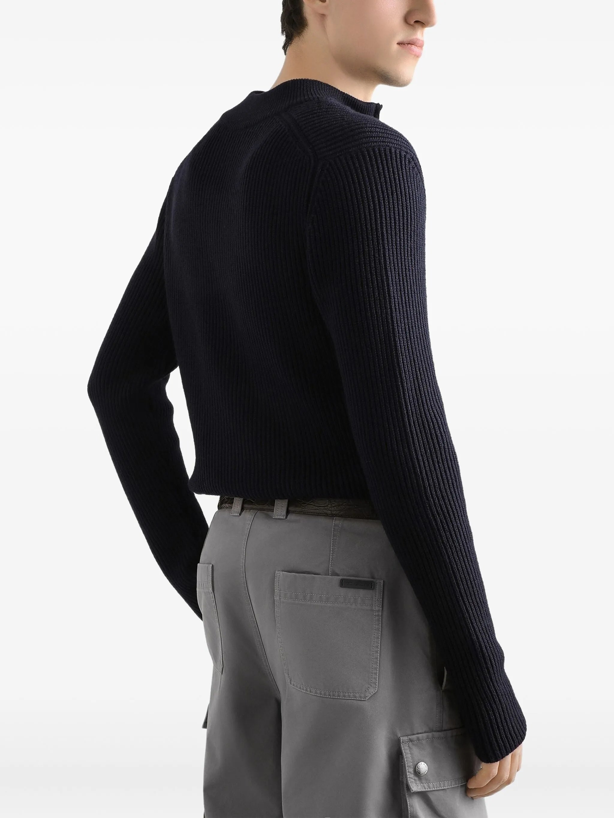 Black Ribbed Knit Half-Zip Wool Pullover