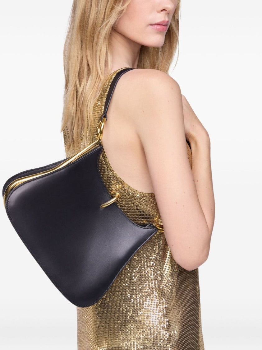 Curved Leather Shoulder Bag with Brass Hardware