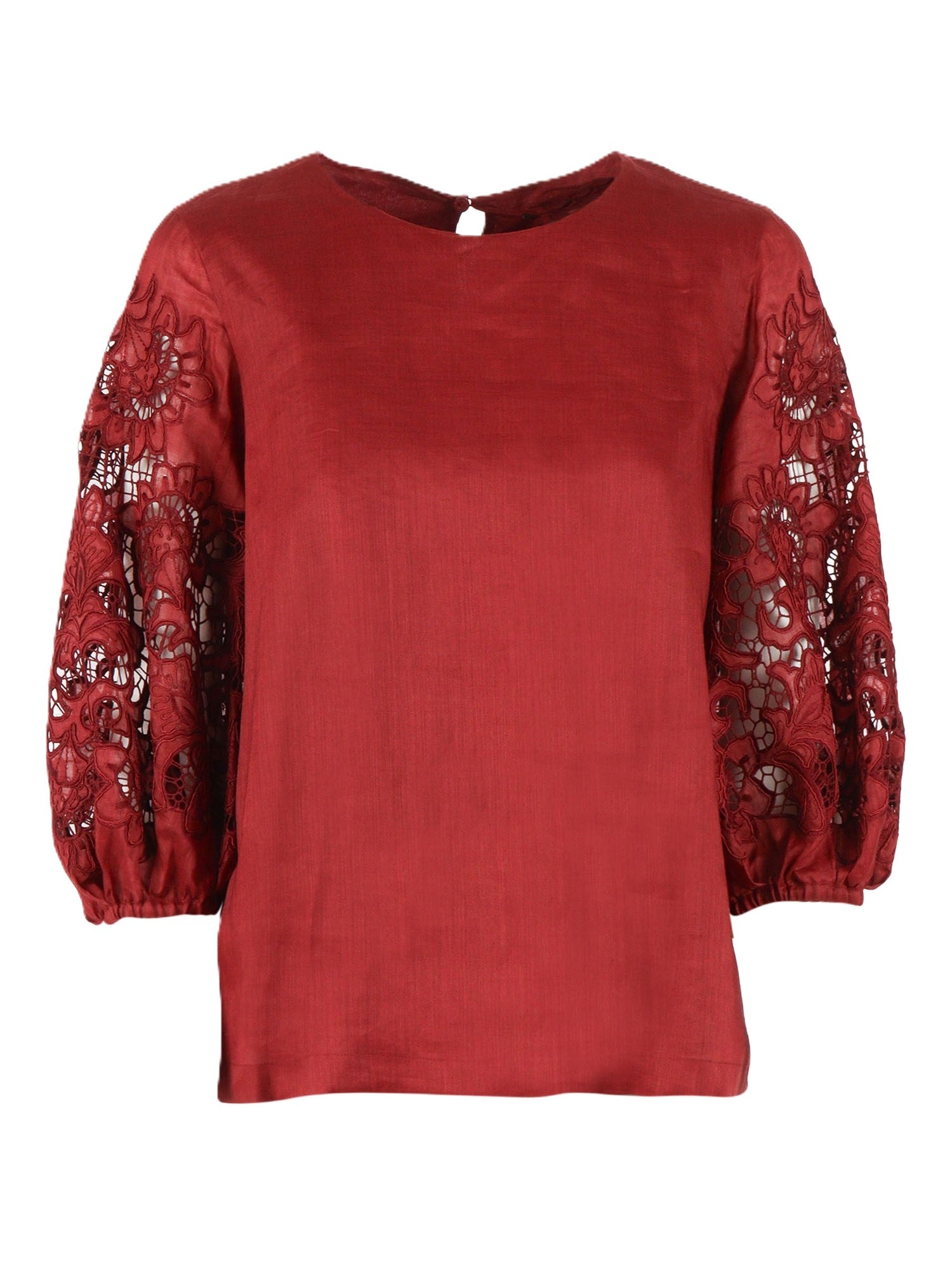 Voluminous Red Top with Floral Lace Cutouts