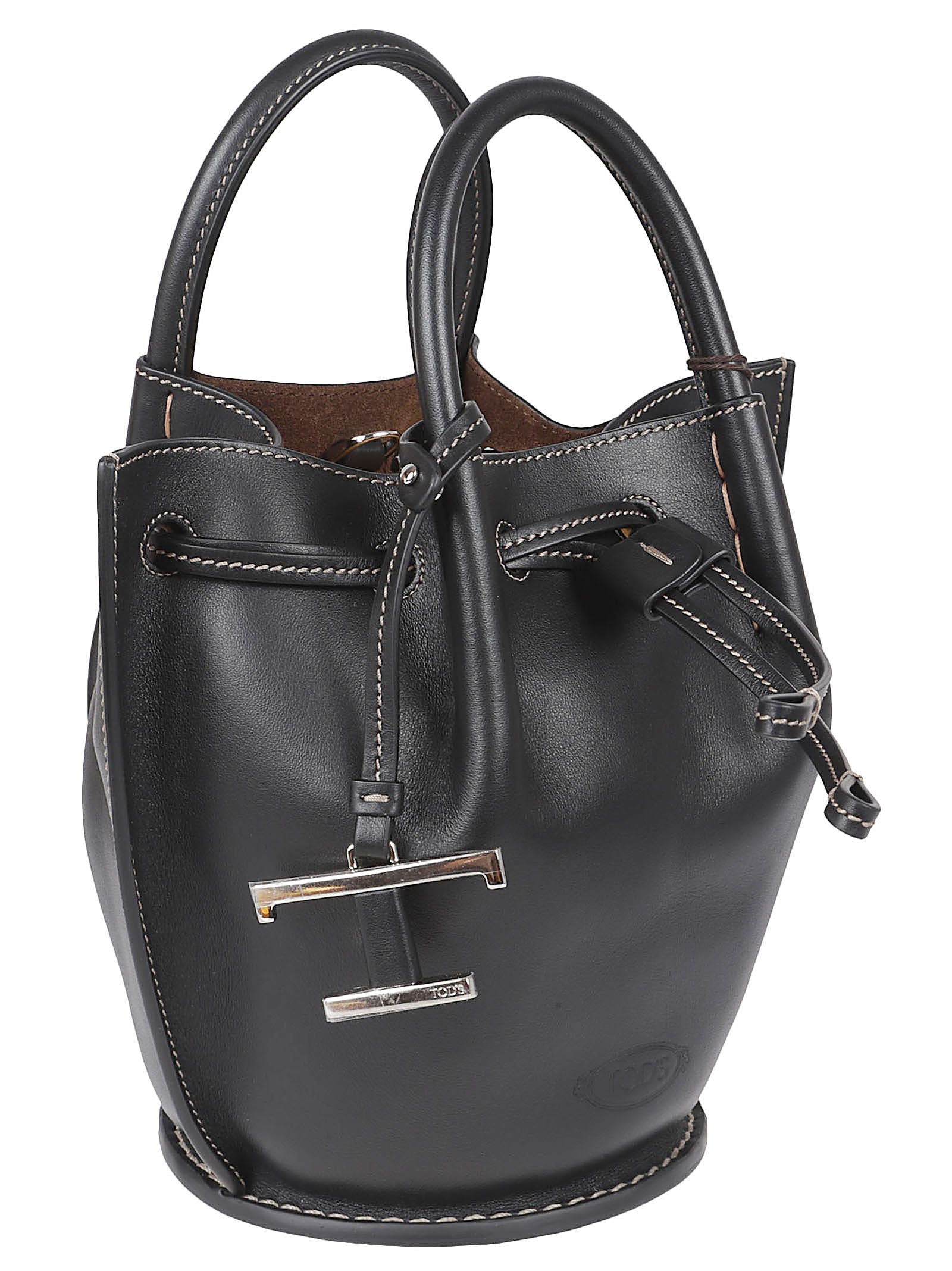 Structured Black Calfskin Bag with Drawstring Closure