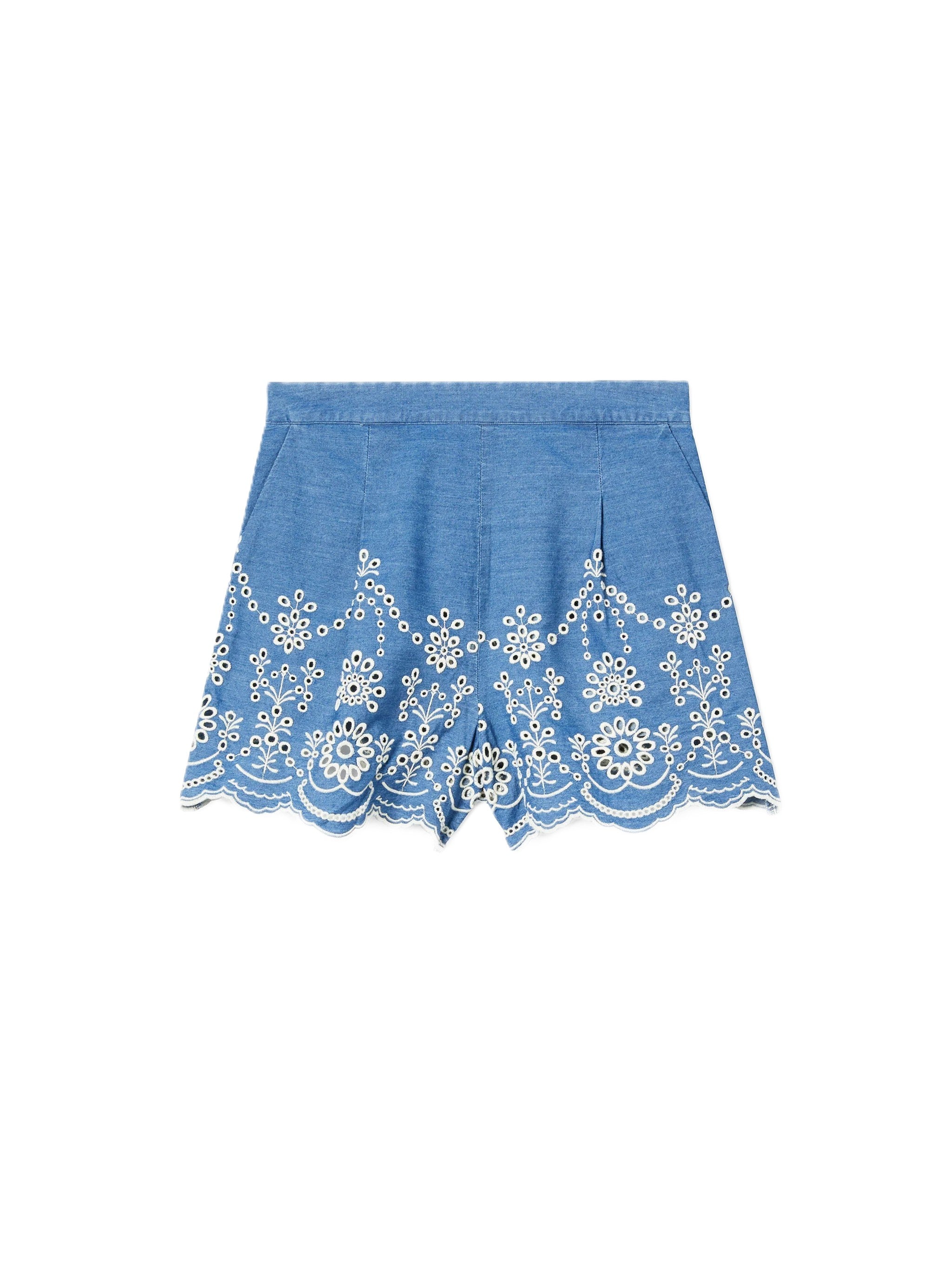 Intricate Floral Embroidered Blue Shorts with Tailored Fit
