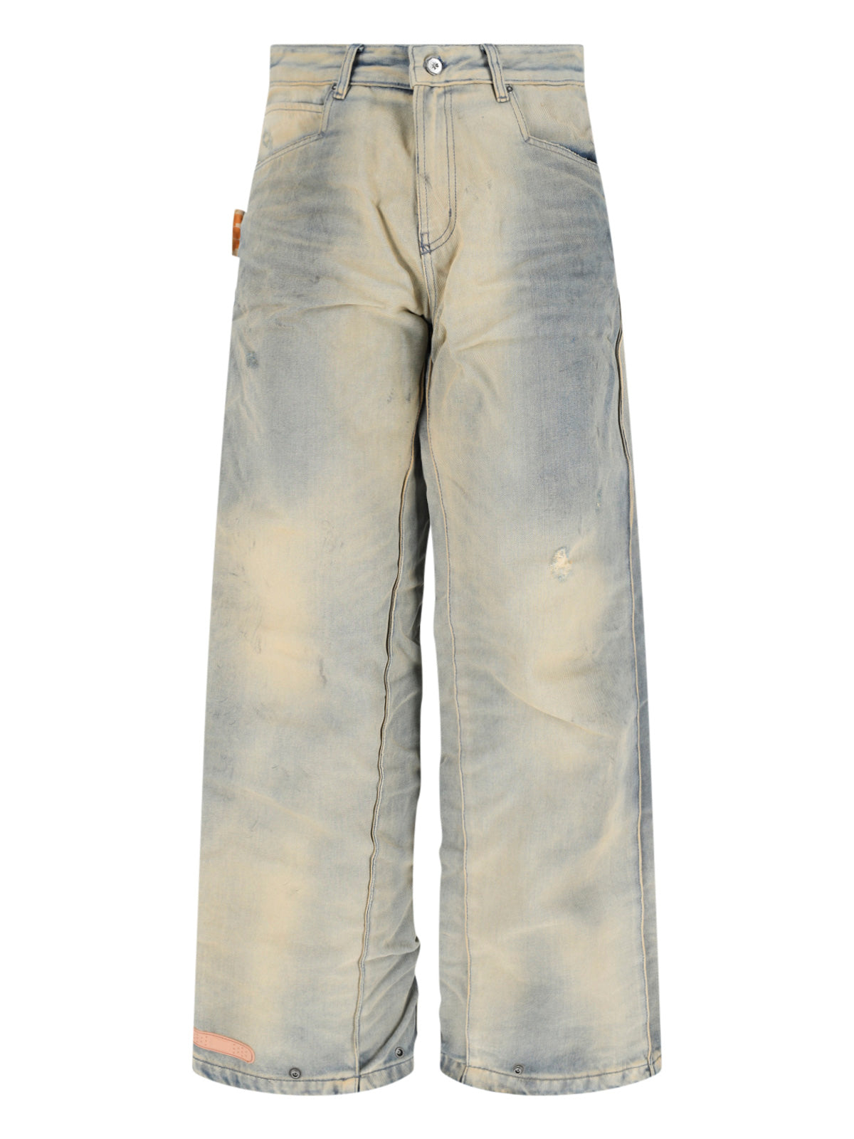 Beige/Grey Distressed Wide-Leg Denim Jeans