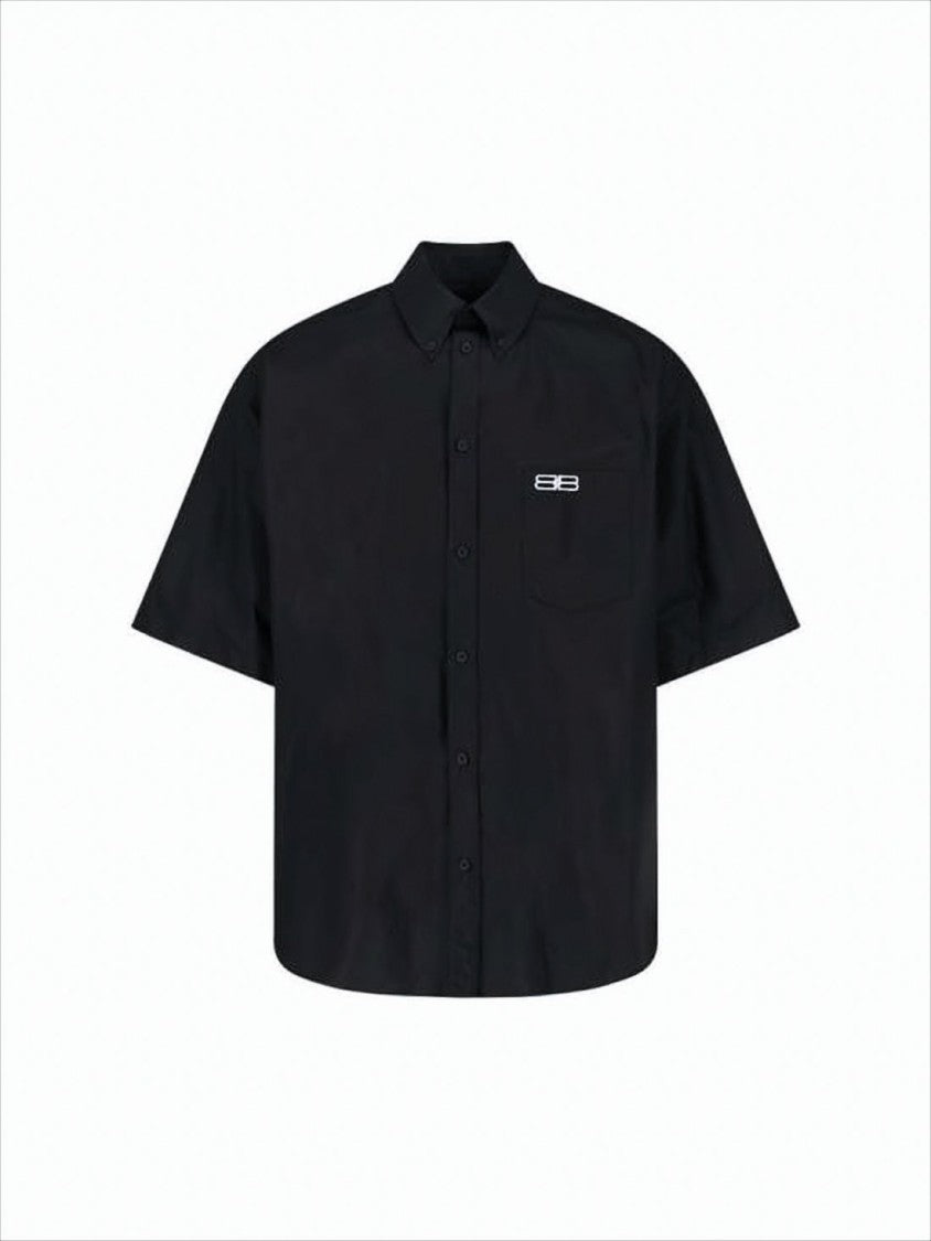 Short-Sleeved Black Cotton Shirt with Boxy Silhouette
