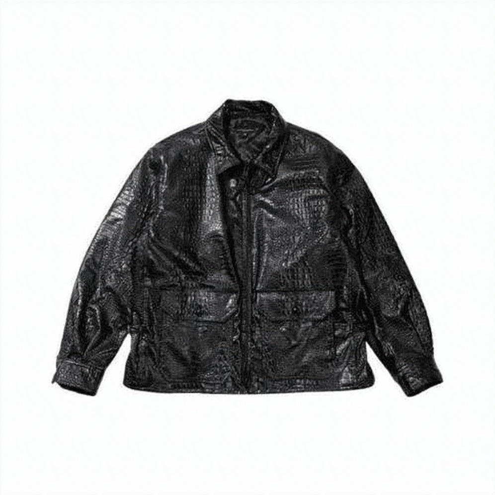 Textured Leather-Effect Casual Jacket with Classic Collar