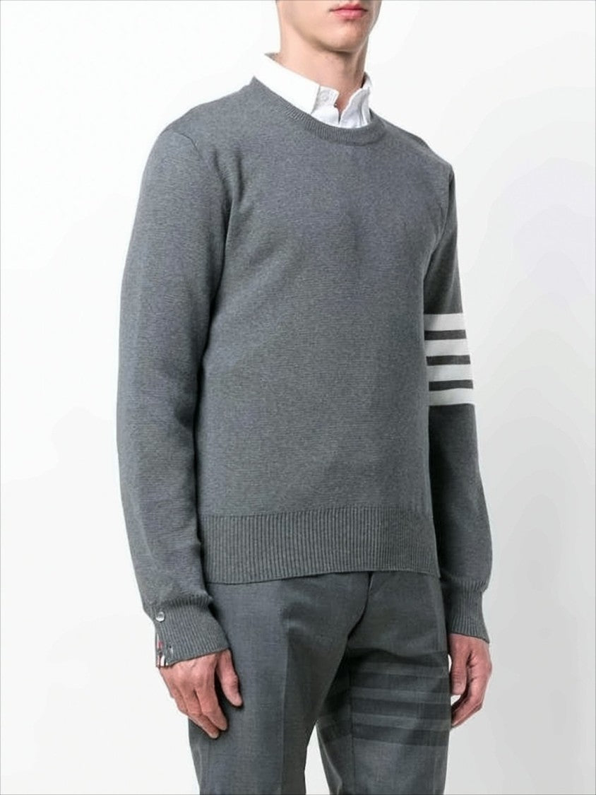 Crew Neck Sweater with Ribbon Accents and Stripe Detail
