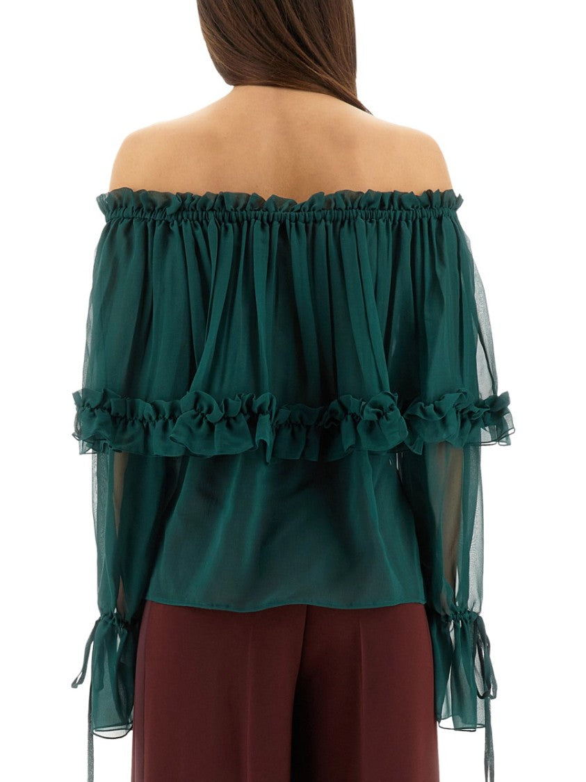 Sheer Ruffled Off-Shoulder Blouse In Silk