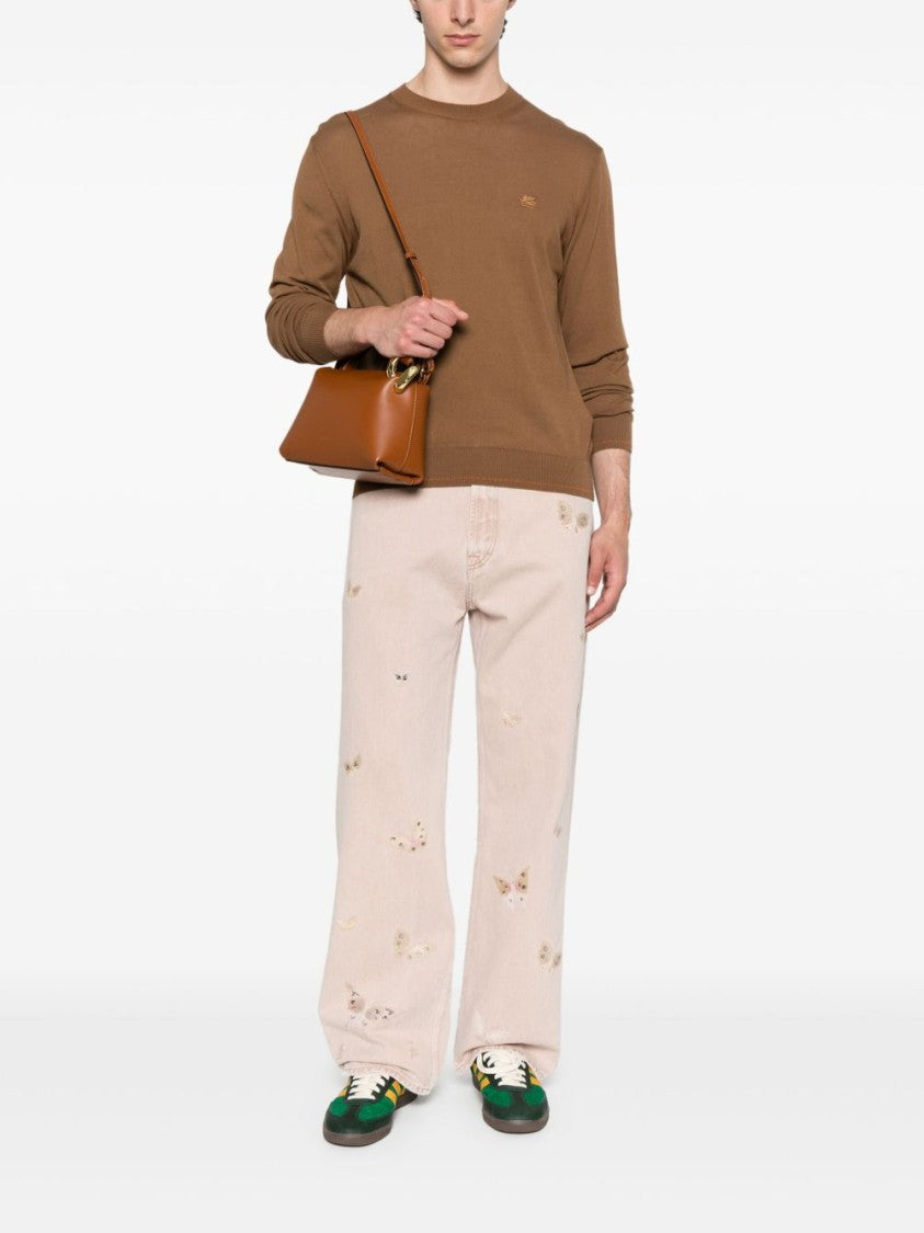 Solid Brown Cotton Sweater with Crew Neckline