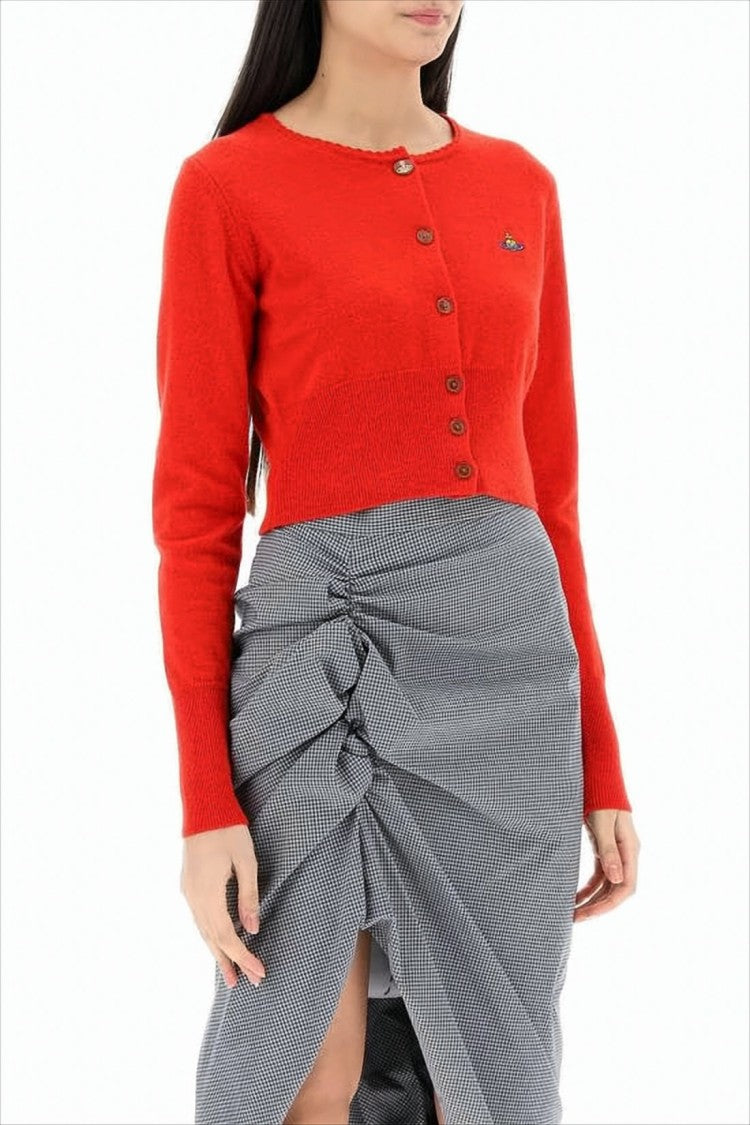 Cropped Knit Cardigan with Wooden Buttons and Emblem