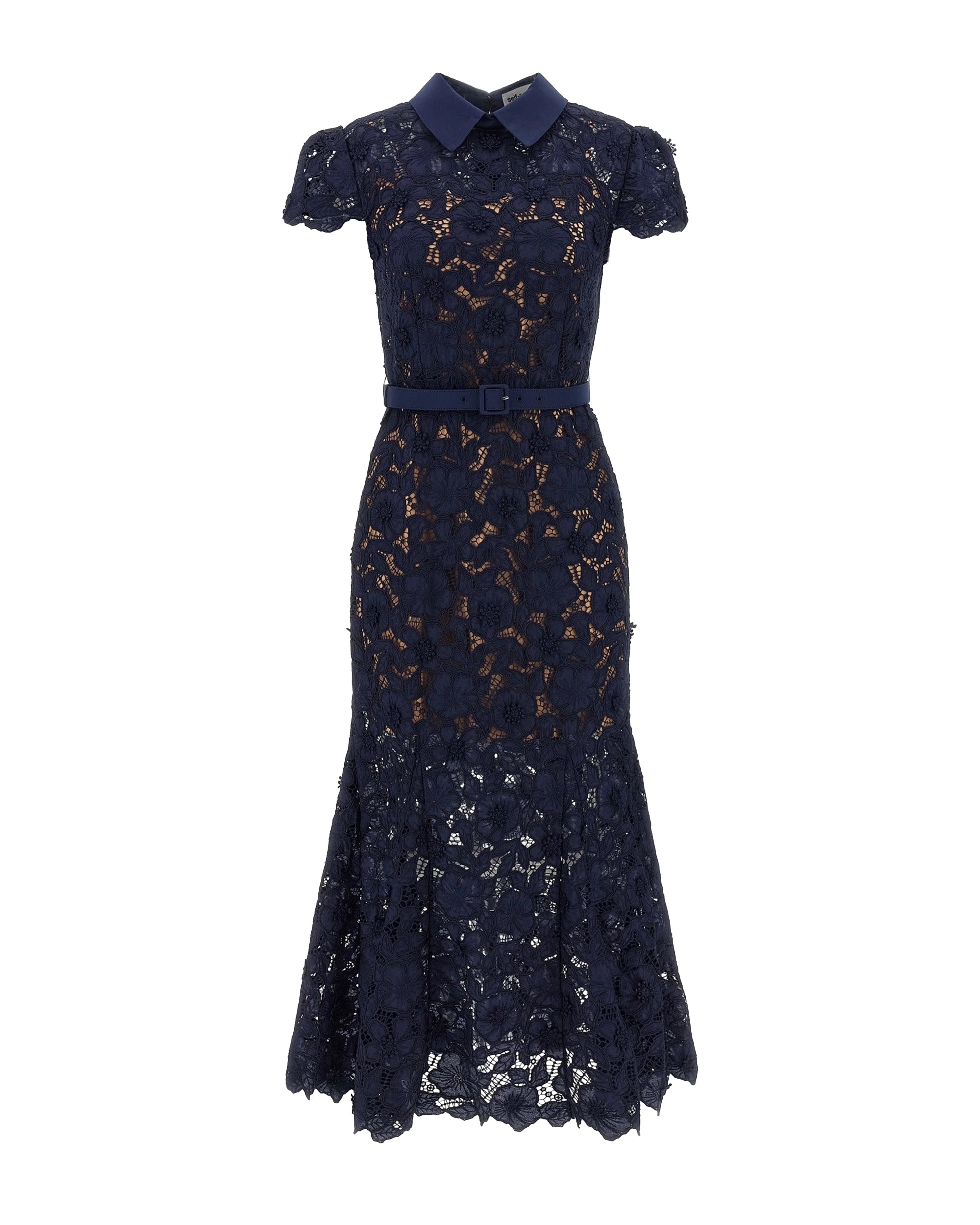 Navy Guipure Lace Midi Dress with Ruffled Hem