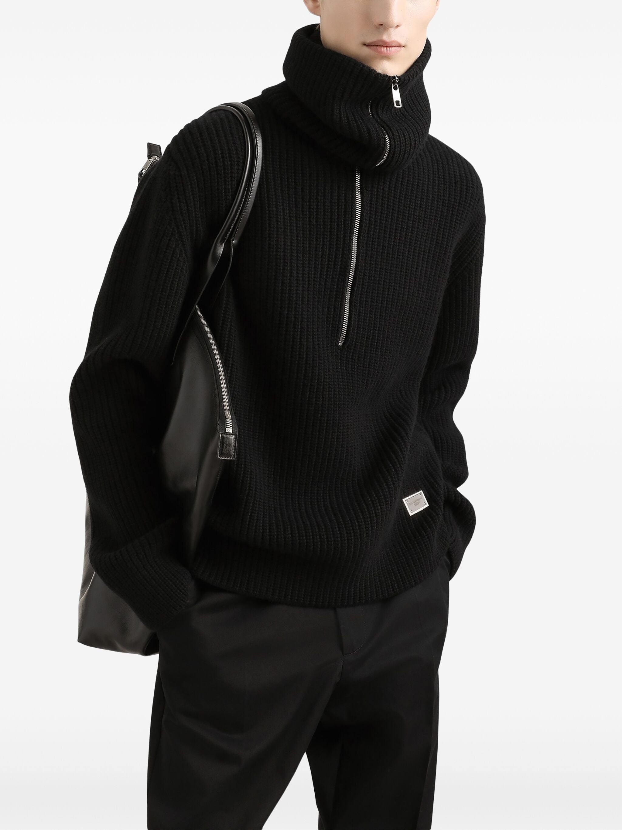Black Ribbed Knit Half-Zip Wool Pullover