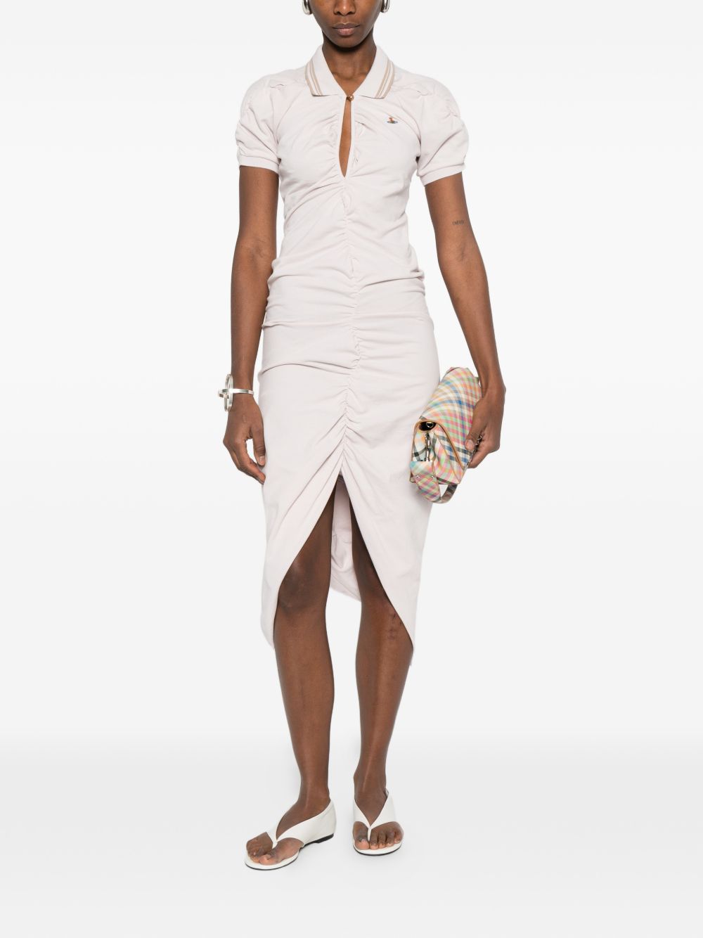 Fitted Midi Dress With Ruched Detailing And Polo Collar