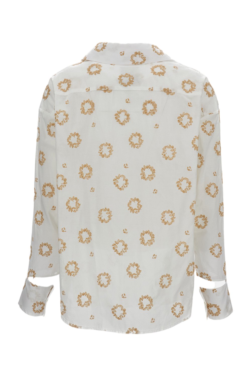 White Cotton Shirt with Floral Embroidery and Unique Cut-out Cuffs