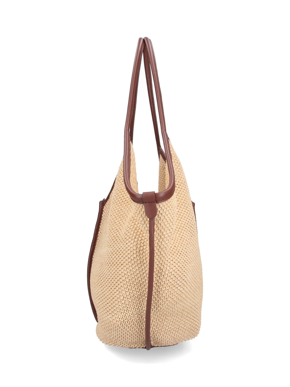 Beige Woven V-Neck Texture Tote Bag