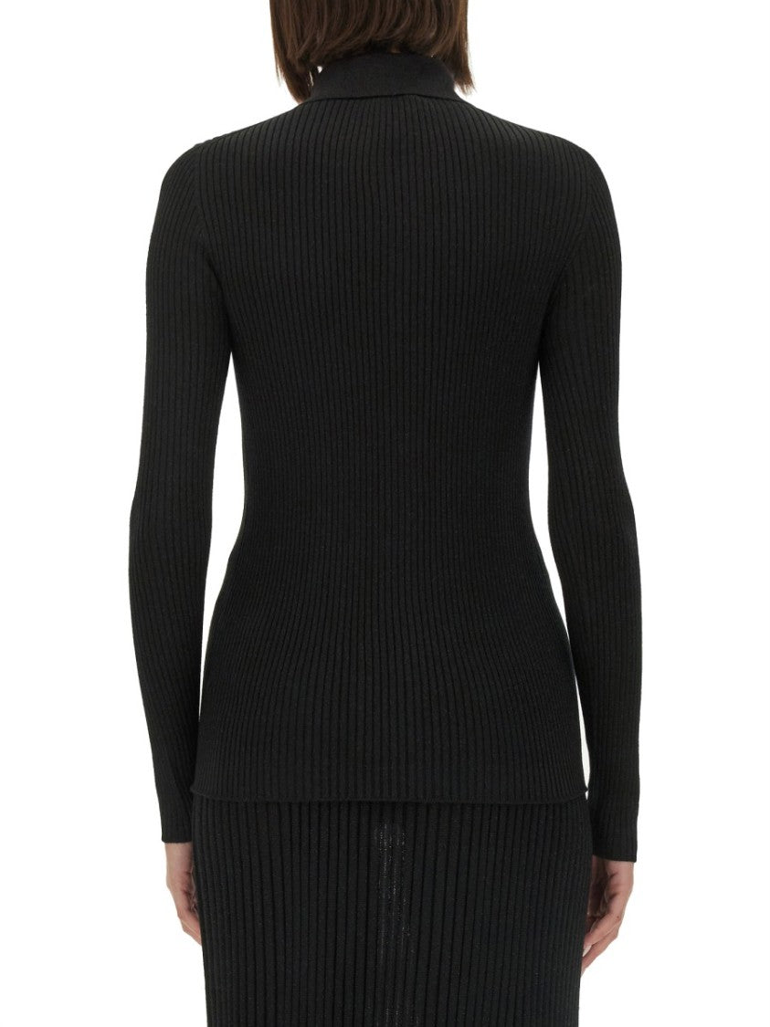 Black Ribbed Sweater With Classic Collar
