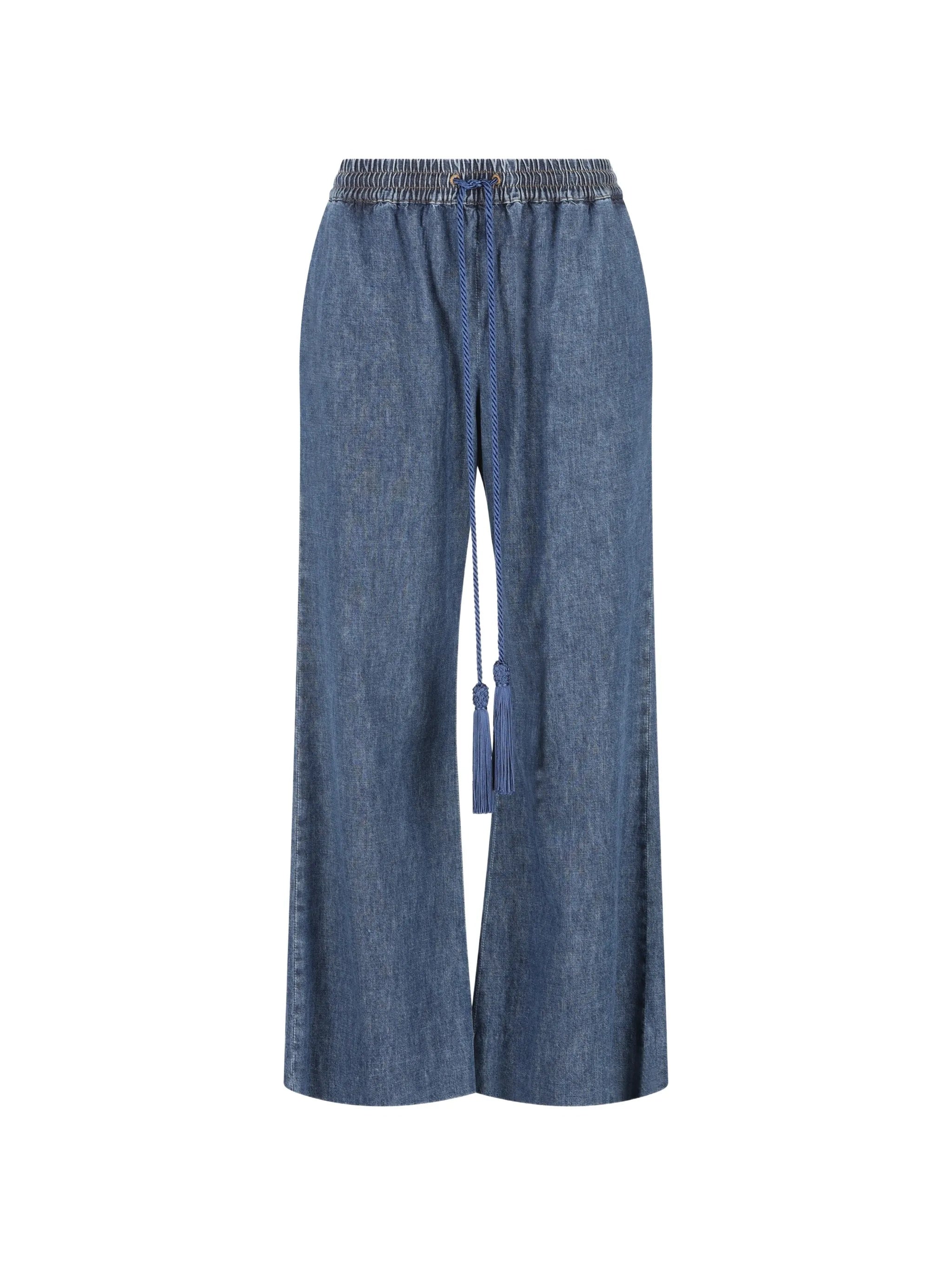 Medium Blue Wide-Leg Drawstring Denim Jeans