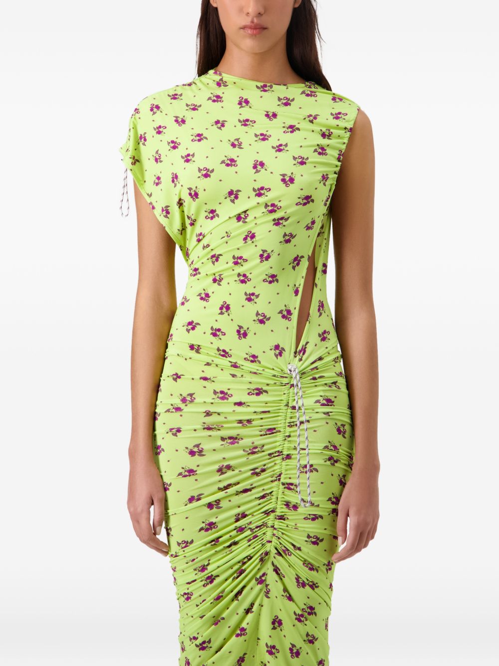 Green Floral Print Ruched Midi Dress