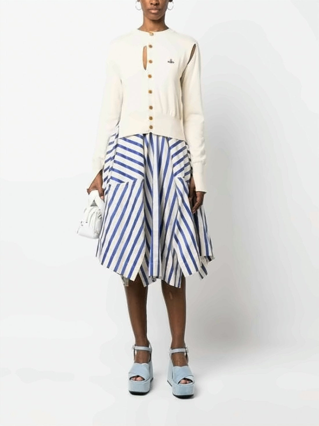 Cropped White Cardigan with Wooden Buttons and Emblem