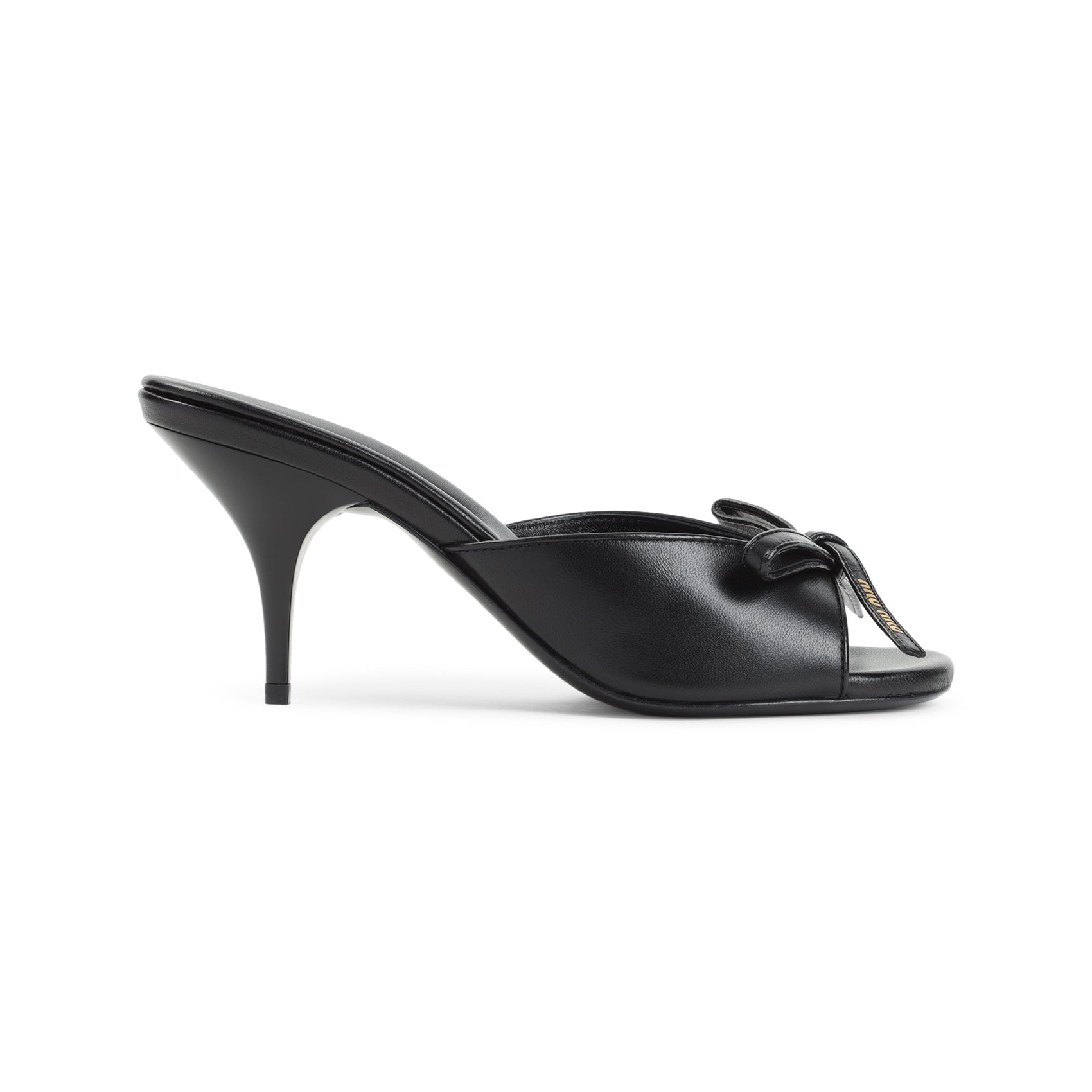 Open-Toe Black Lamb Leather Slippers with Bow Detail
