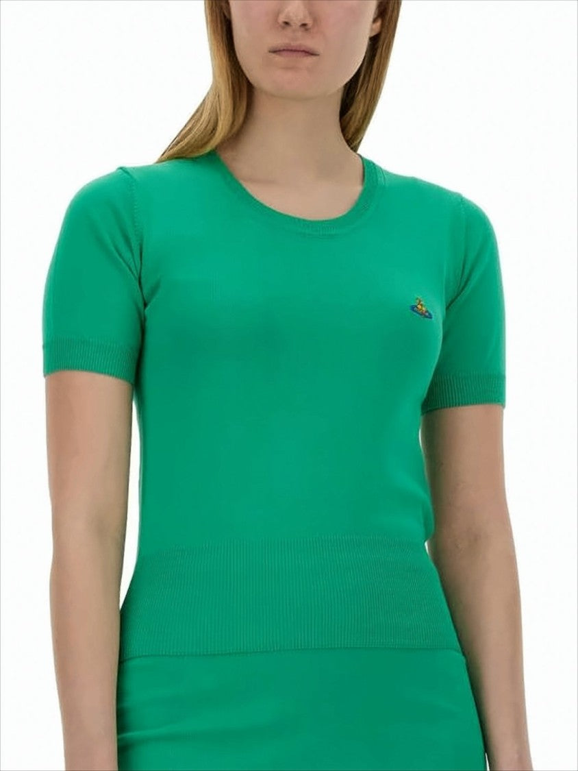 Fitted Short-Sleeve Knit Top with Ribbed Detailing