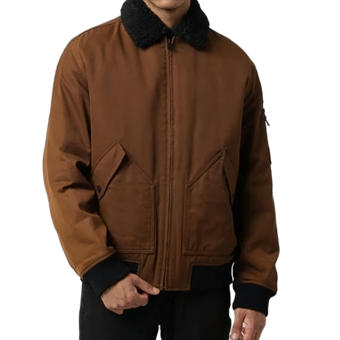 Brown Casual Jacket with Textured Collar and Flap Pockets