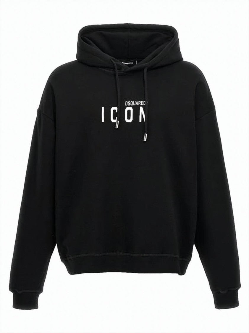 Relaxed Fit Black Hoodie with Graphic Text and Kangaroo Pocket