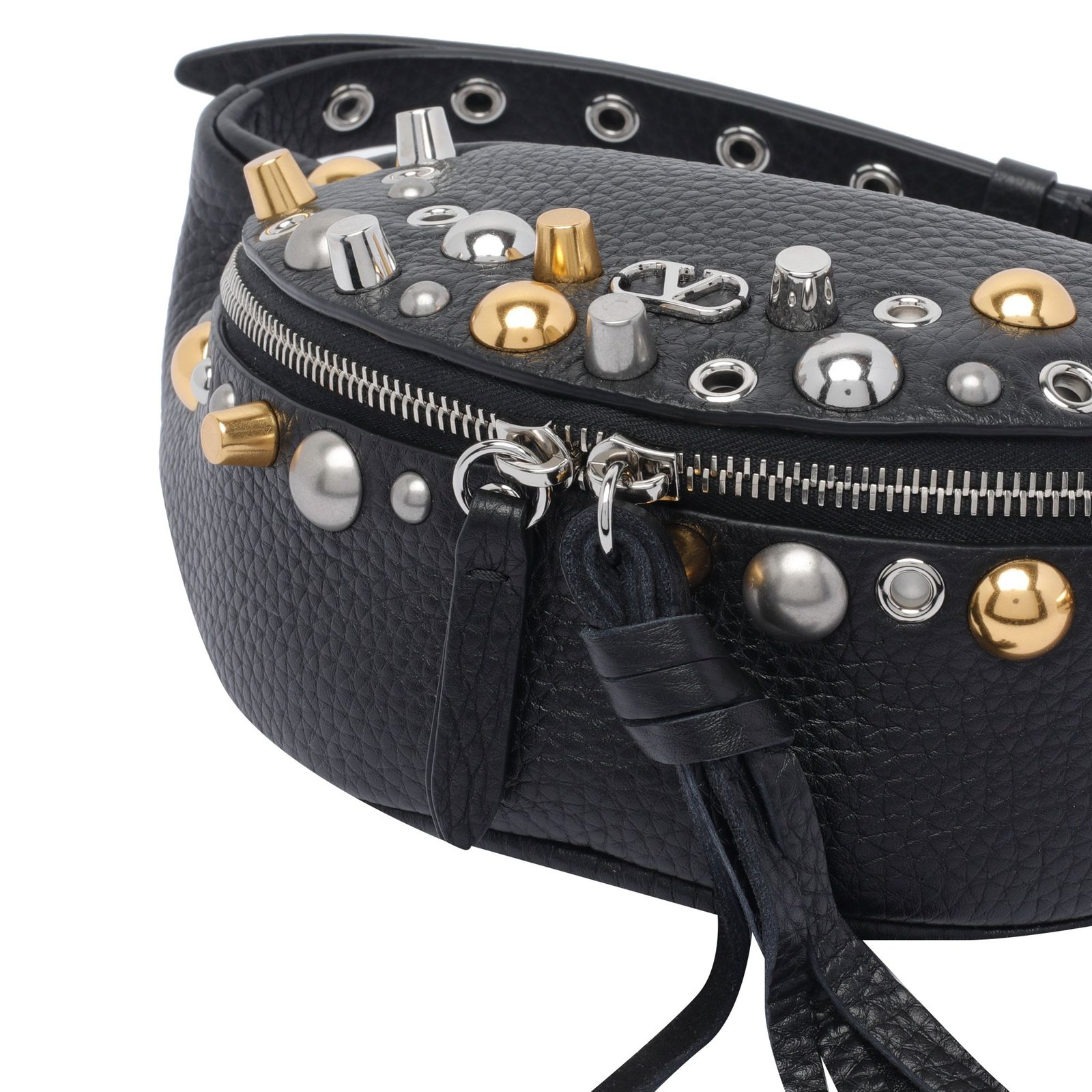 Crescent-Shaped Crossbody Bag with Metallic Studs
