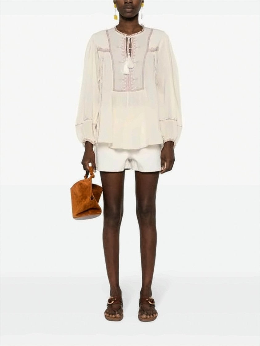 Geometric Embroidered Cotton Blouse with Puffed Sleeves