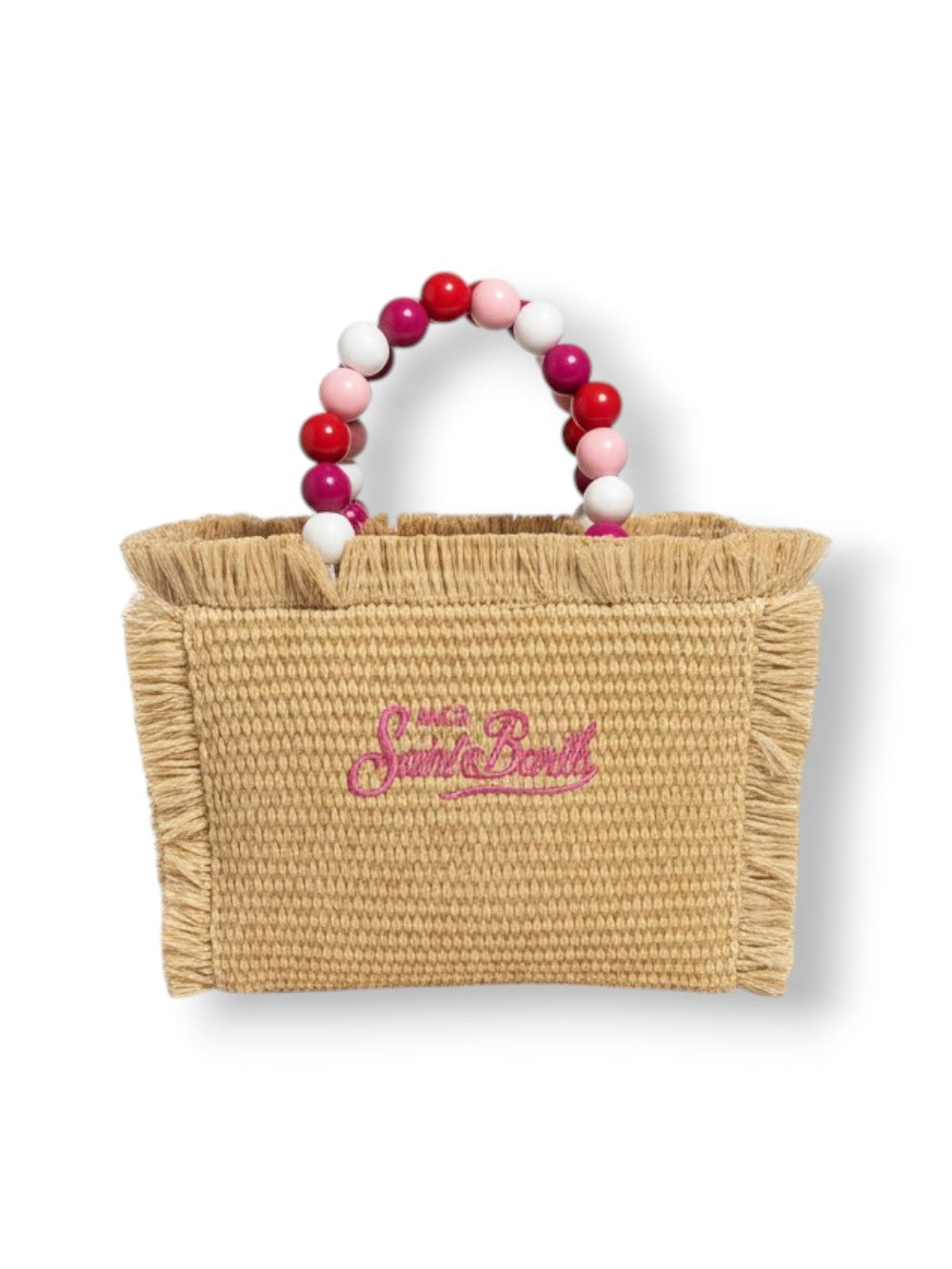 Rectangular Woven Tote With Fringed Edges And Colorful Bead Accents