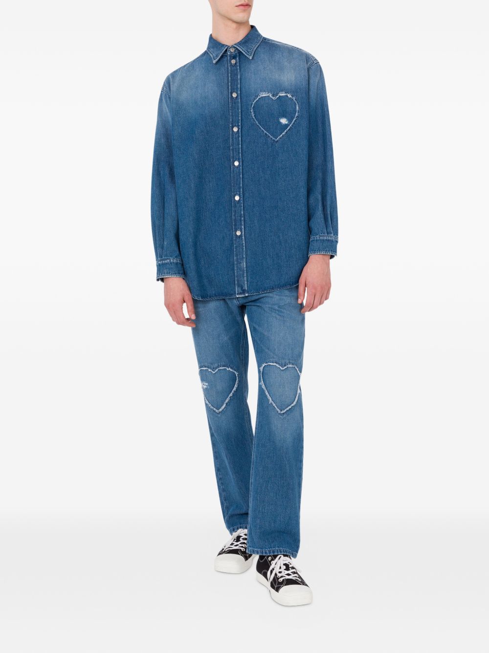 Frayed Heart-Patch Denim Shirt