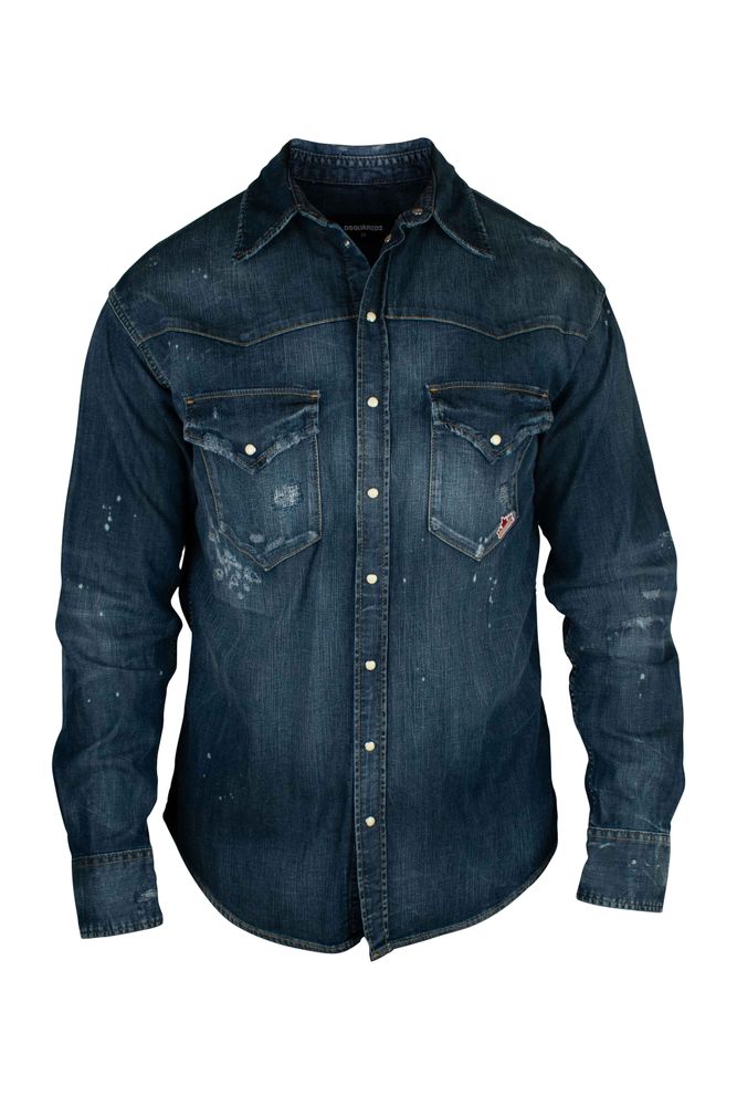 Navy Cotton Denim Shirt With Distressed Finish