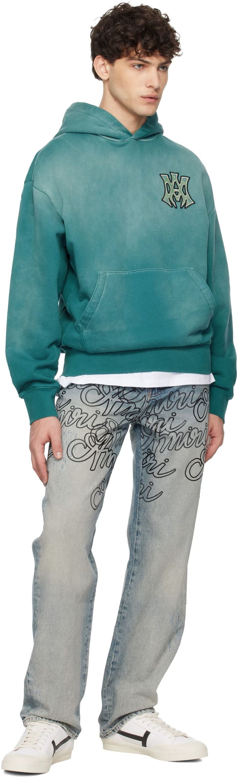 Faded Teal Oversized Hoodie with Graphic Patches