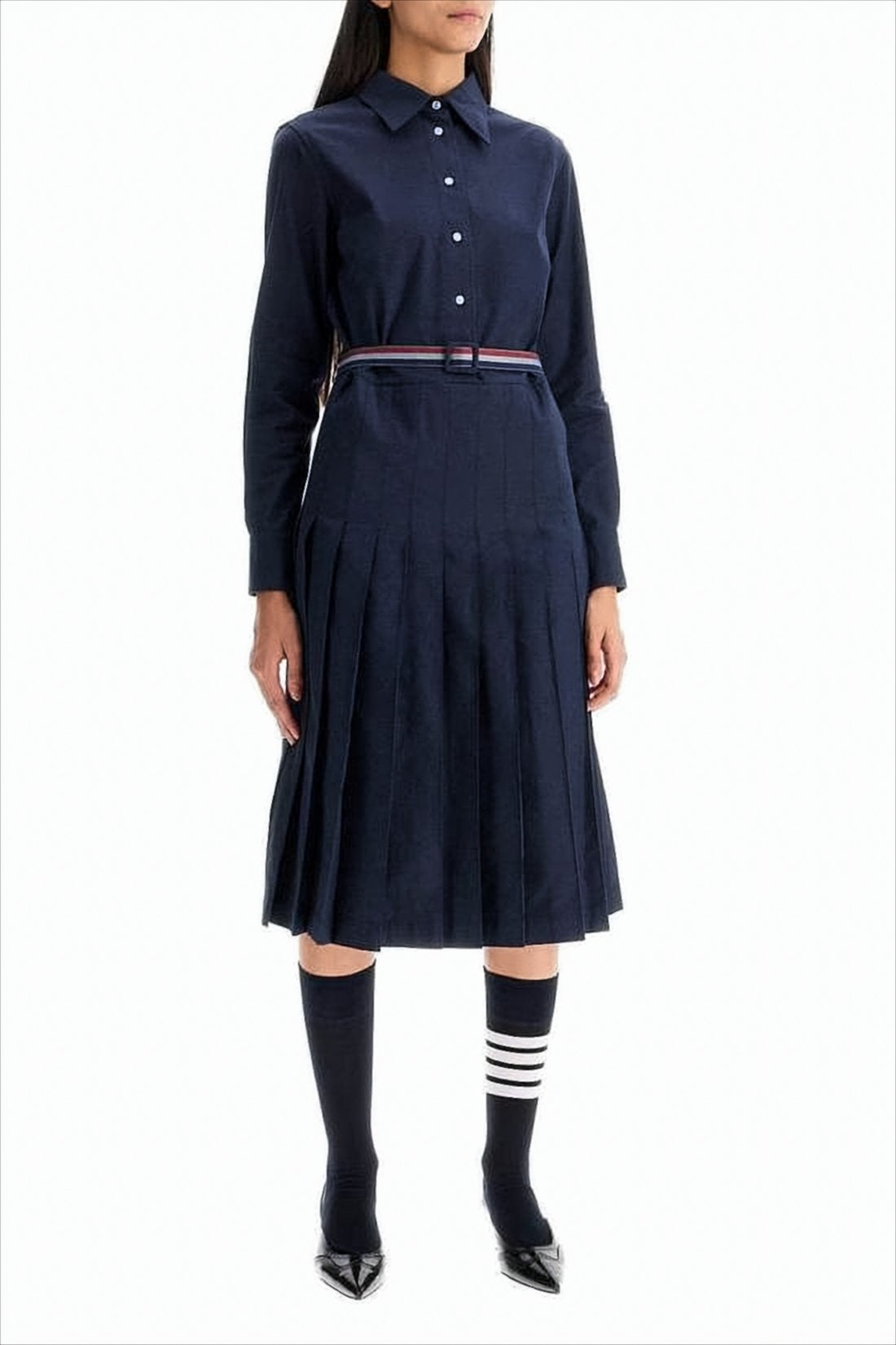 Pleated Midi Dress with Classic Collar and Waist Belt