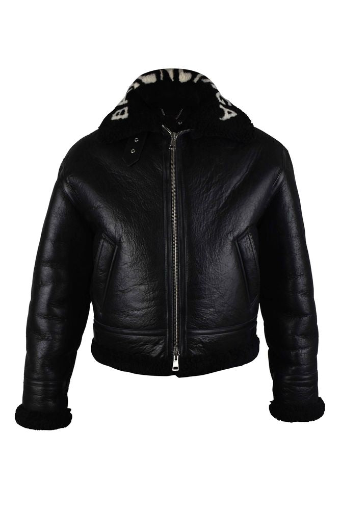 Shiny Black Leather and Wool Bomber