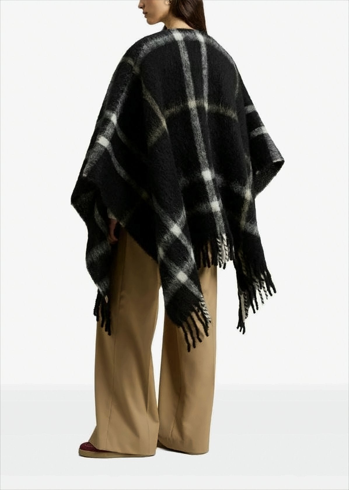Checked Fringed Hem Woorlich Cape