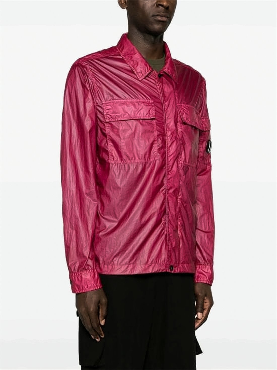 Shiny Crinkled Texture Jacket With Classic Collar And Logo Patch