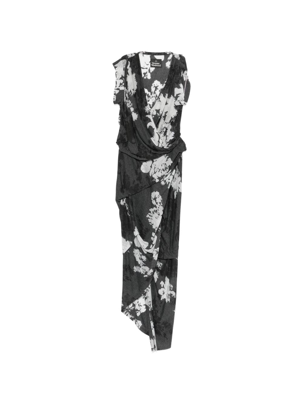 Grey Floral Print Draped Wrap Dress