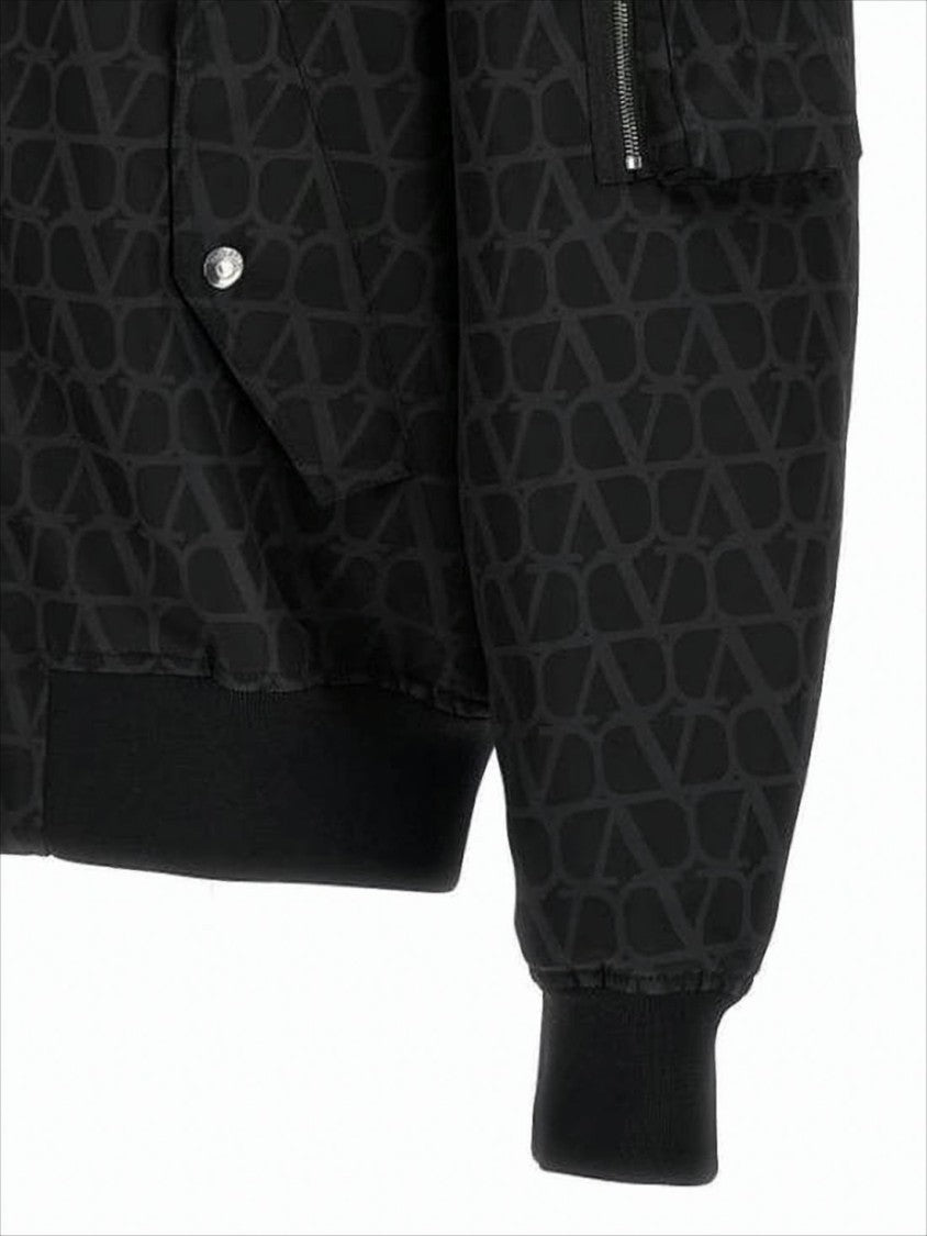 Geometric Patterned Black Bomber Jacket